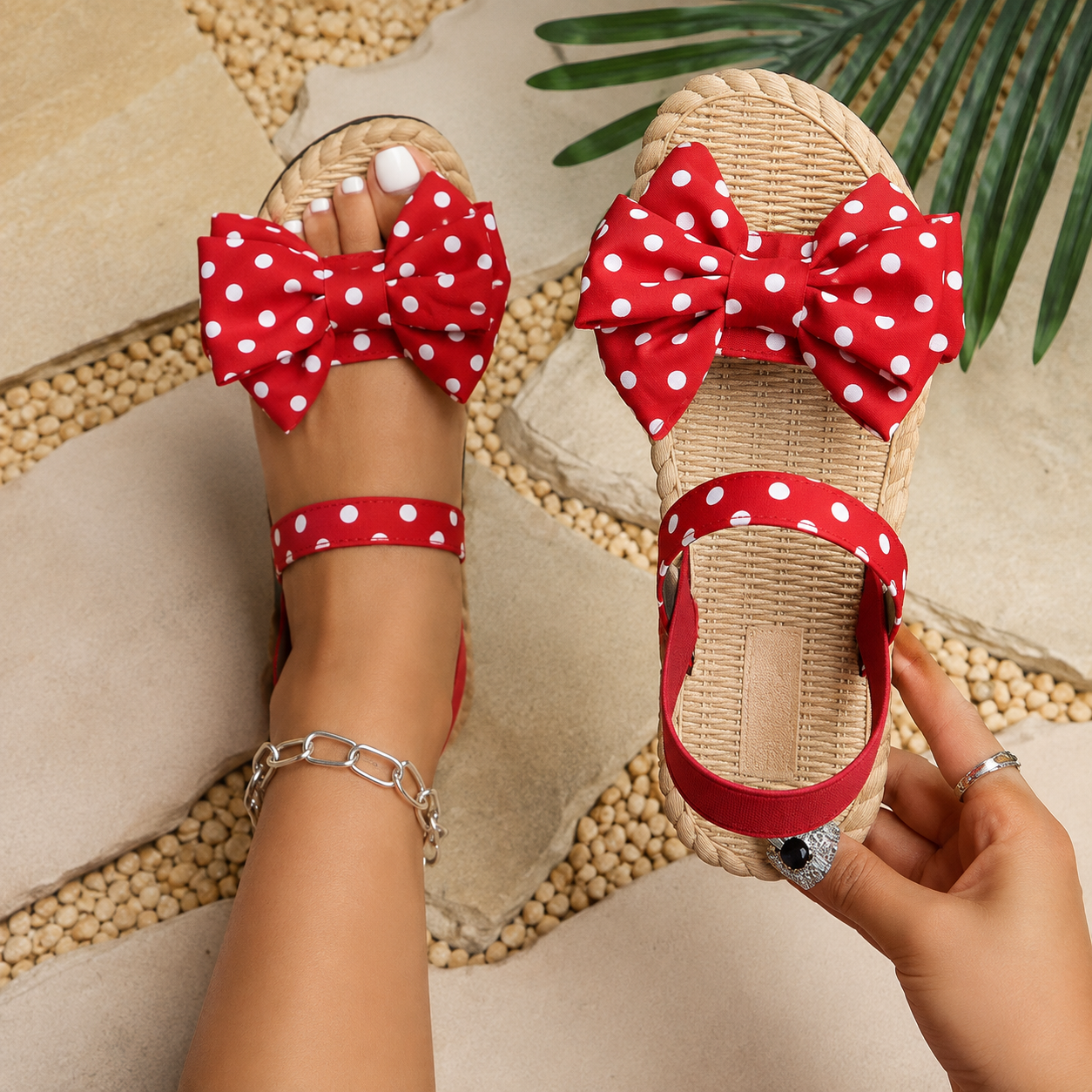 Sandalias Planas para Mujer con Diseño de Puntos, Lazo de Mariposa