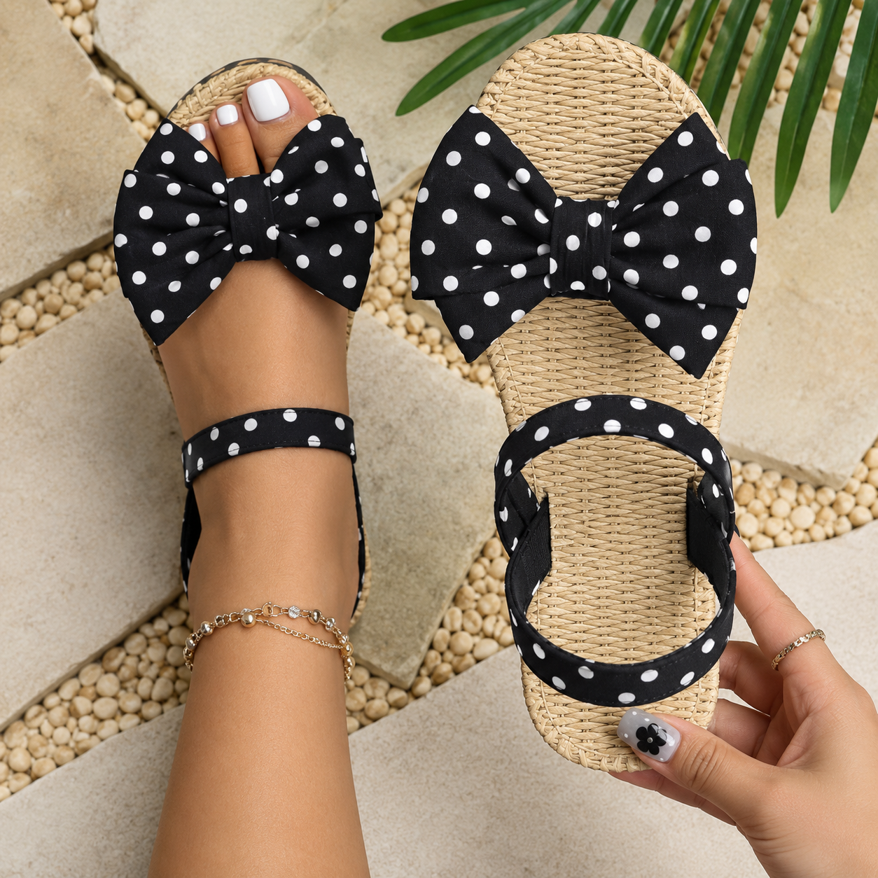 Sandalias Planas para Mujer con Diseño de Puntos, Lazo de Mariposa