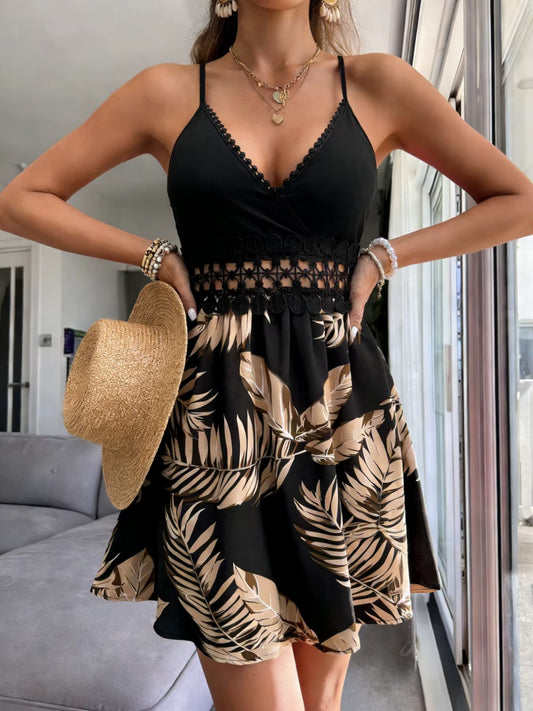 Vestido mini camisero con estampado de palmeras tropicales